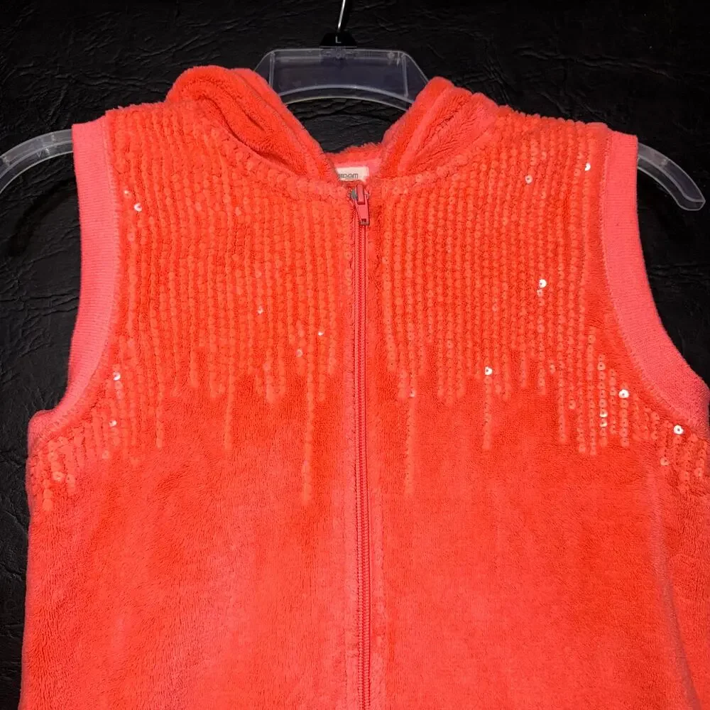 Self Esteem Girls Fleece Vest Hooded Sequin Full Zip Closure Neon Pink Large